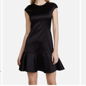 Theory Black Cap-Sleeve Fit-and-Flare Sateen Mini Dress